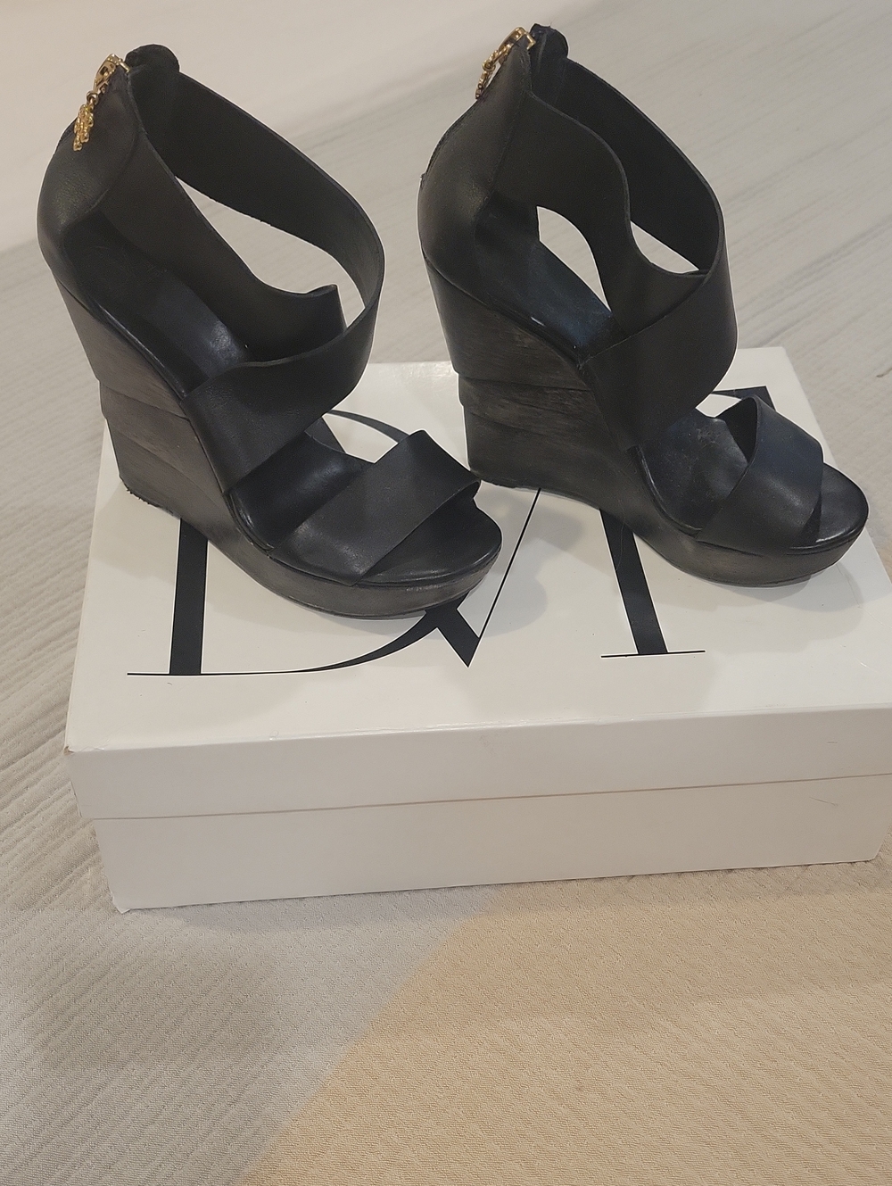 Diane Von Furstenberg Black Strappy Wedge Sandals